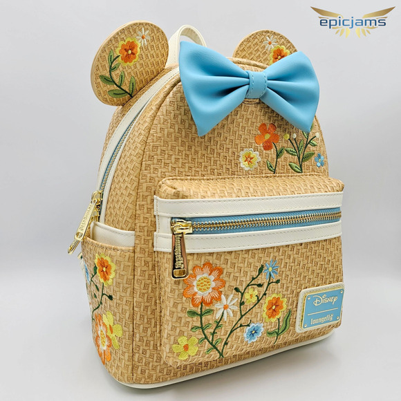 Loungefly Disney Minnie Mouse Raffia Floral Ears Embroidered Mini Backpack New - Picture 2 of 7